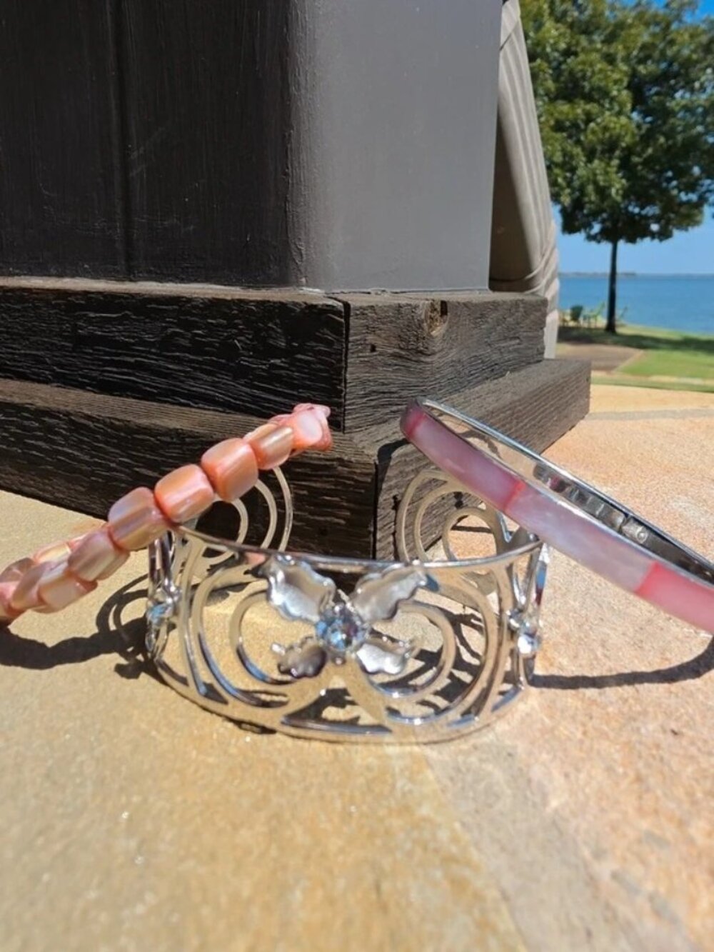3 Pink Shimmery & Silver Tone Stacker Bangle Stretch Bracelets Beads Rhinestones